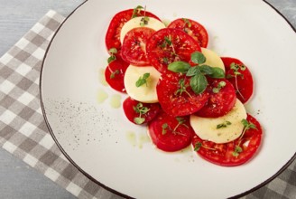 Caprese salad, Italian traditional dish, tomatoes with mozzarella cheese, basil and spices, top