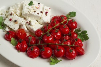 Baked cherry tomatoes, with cheese, and spices, on a white plate, homemade, no people