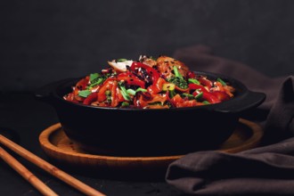 Asian cuisine, teriyaki meat with vegetables, in a cast-iron frying pan, close-up, no people