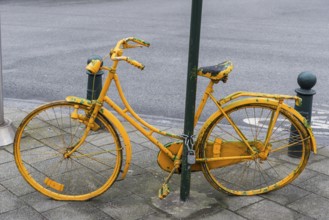 Demolished parked bicycle, yellow, painted, mobility, demolished, broken, old, ladies bike, city