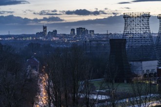 View of the skyline of Essen, city centre, seen from the Zeche Zollverein, skeleton of the cooling