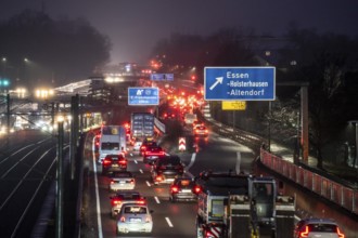 Traffic jam on the A40 motorway, Ruhrschnellweg, in Essen, North Rhine-Westphalia, Germany, Europe