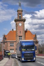 Dortmund harbour, trucks, trucks in front of the old harbour office, North Rhine-Westphalia,