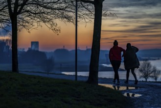 Rhine near Duisburg-Bruckhausen, walkers on the Rhine dyke, winter, Duisburg, North