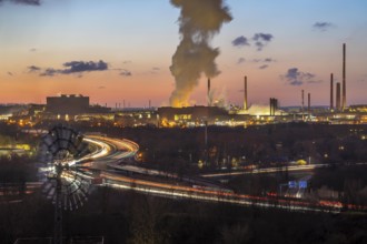 Skyline of the Duisburg steel site, Thyssenkrupp Steel Europe, in Duisburg-Bruckhausen, sunset,