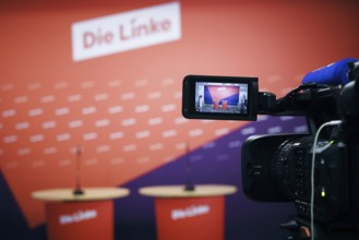 Press wall in the party headquarters of the Left Party, in the Karl Liebknecht House in Kleine