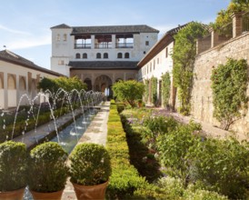 Patio de la Acequia, Court of the water Channel, Generalife palace gardens, Alhambra, Granada,