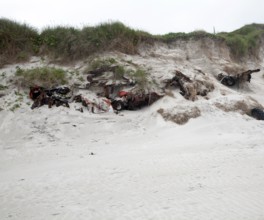 Wrecks of cars dumped and covered by sand dunes, Barra, Outer Hebrides, Scotland, UK