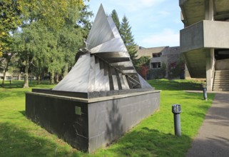 Stainless steel artwork 'Extrapolation' 1982 by Liliane Lijn, campus of University of East Anglia,