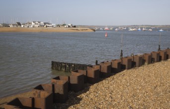 Boats at moorings at the mouth of the River Deben, Felixstowe Ferry, Suffolk, England, United