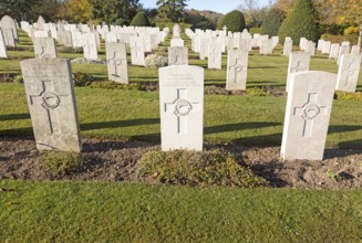 Rows of gravestones at Tidworth military cemetery, Tidworth, Wiltshire, England, UK