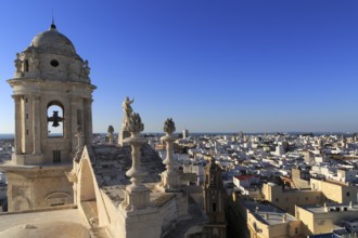 Rooftops of buildings in Barrio de la Vina, looking west from cathedral roof, Cadiz, Spain, Europe