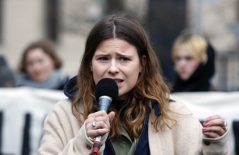 Luisa Neubauer speaks during a demonstration by Fridays for Future for compliance with climate