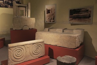 Carved stone neolithic spiral design, National Museum of Archaeology, Valletta, Malta, Europe