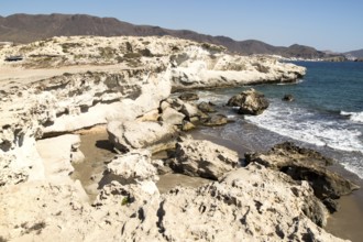 Fossilised sand dune rock structure, Los Escullos, Cabo de Gata natural park, Almeria, Spain,