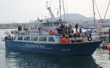 Tourist passenger glass bottom boat 'Majorero' at Corralejo, Fuerteventura, Canary Islands, Spain,