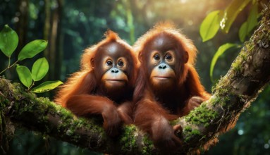 Two cute little orangutan babies in the dark rainforest look curious, portrait, AI generated, AI