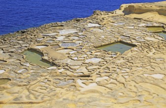 Historic ancient salt pans on coast near Marsalforn, island of Gozo, Malta, Europe