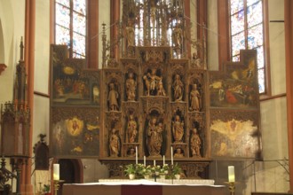 Interior view of the folding altar of the UNESCO St Martin's Church built in 1483, high altar, wood