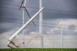 Demolition of the tower of a 20 year old wind turbine, in the Werl wind farm, 5 old Enercon E-66