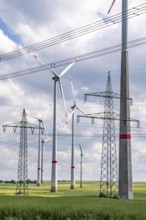 Wind farm north-east of Marsberg, Hochsauerlandkreis, high-voltage line, electricity pylons, North