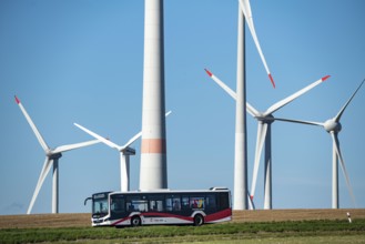 Wind farm near Lichtenau, wind turbines, country road, Driburger Straße, local bus, public