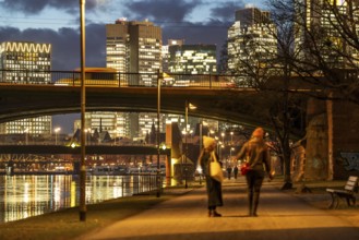 Skyline of the city centre of Frankfurt am Main, cycle and footpath, promenade, along the river