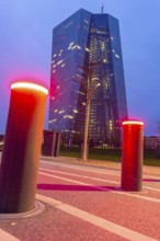 Building of the European Central Bank, ECB, on the Main in Frankfurt, barrier bollards on the banks