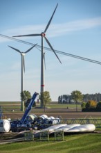 Wind farm near Bad Wünnenberg, construction site, storage area for a new wind turbine, components