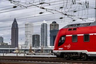 Regional train on the track in front of Frankfurt am Main main station, Skyline, Hesse, Germany,