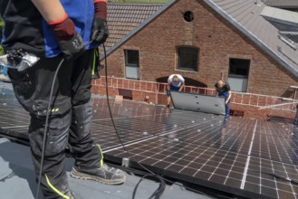 Installation of solar modules on the roof of a barn on a farm, over 210 photovoltaic modules are