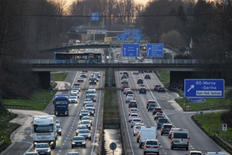 Motorway A40, Ruhrschnellweg, near Bochum, dense evening traffic, in front of the motorway junction