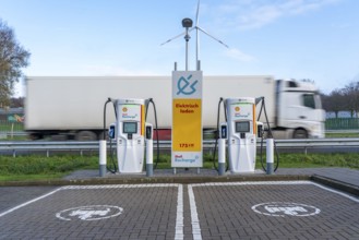 Motorway filling station, electric charging station, Power Charger, Shell Recharge, on the A76,