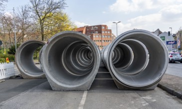 Concrete sewer pipes, stored on a construction site during sewer renovation work, on the Dickswall,