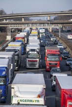 Traffic jam on the A3 motorway, at the Köln-Ost junction, heading south, four lanes jammed with