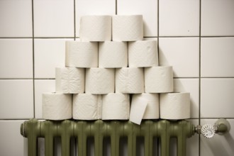 Toilet paper rolls stacked on a radiator in a public toilet