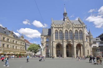 Neo-Gothic town hall and guildhall, tourists, pedestrians, fish market, Erfurt, Thuringia, Germany,