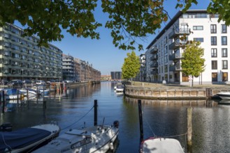 Christianshavns, old district, new residential buildings with jetty at Hammershøis Kaj, at the same