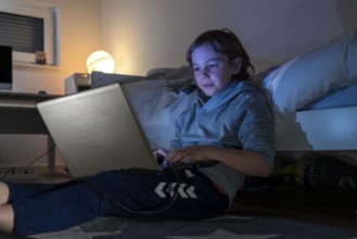 Boy, at home on the computer, laptop, in the children's room, playing a game