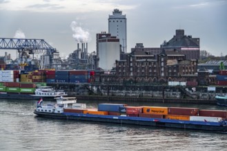 Container cargo ship on the Rhine near Krefeld, Rhine harbour Krefeld, container terminal, Cargill