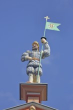 Roof figure with lance and city coat of arms, sculpture, man, warrior, historical, clothing, Middle