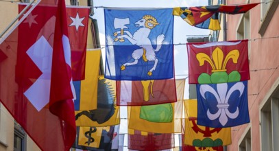 Augustinergasse with Swiss flags, Old Town, Zurich, Switzerland, Europe