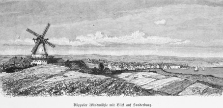 Dybbøl, Düppel Mill, view of Sonderburg, Flensburg Fjord, Jutland, windmill, fields, town,