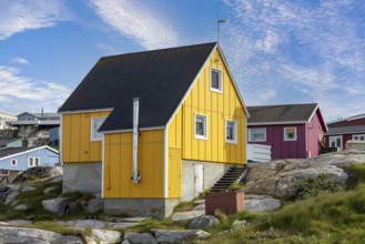 Typical architecture of Greenland Ilulissat with colored houses located near fjords and icebergs