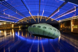 Weser bridge night with UFO Rinteln Germany, UFO from Lünen