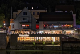 Night shot of Neckarmüller beer garden, El Chico restaurant, summer, Tübingen, Baden-Württemberg,