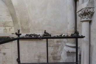 Metal figures on the banister leading to the gallery in Naumburg Cathedral, Saxony-Anhalt, Germany,