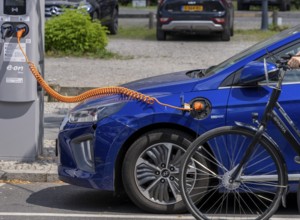 Electric car at the charging station, Berlin, Germany, Europe