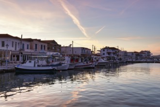 Fishing boats in the harbour, evening sky, Elafonisos, Deer Island, Laconia, Peloponnese, Ionian