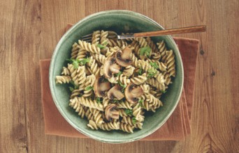 Fusilli pasta, in creamy mushroom sauce, pasta with mushrooms, homemade, no people